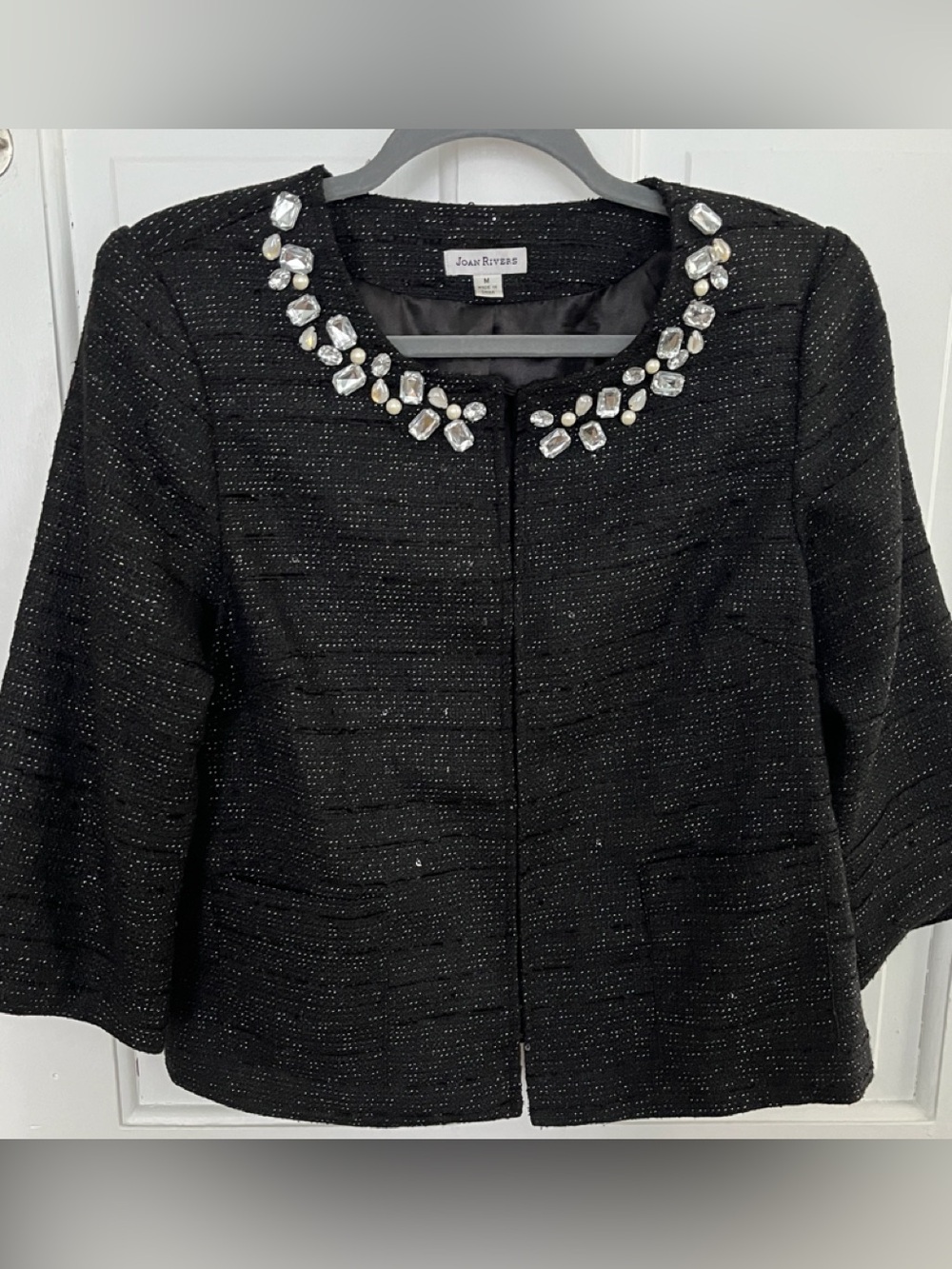 Joan Rivers M Crop Jacket Black Silver Metallic Shimmer